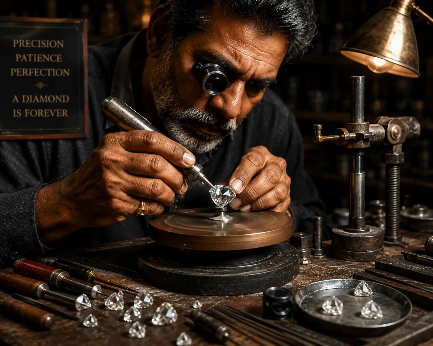 Indian craftsman carving and polishing a diamond by hand